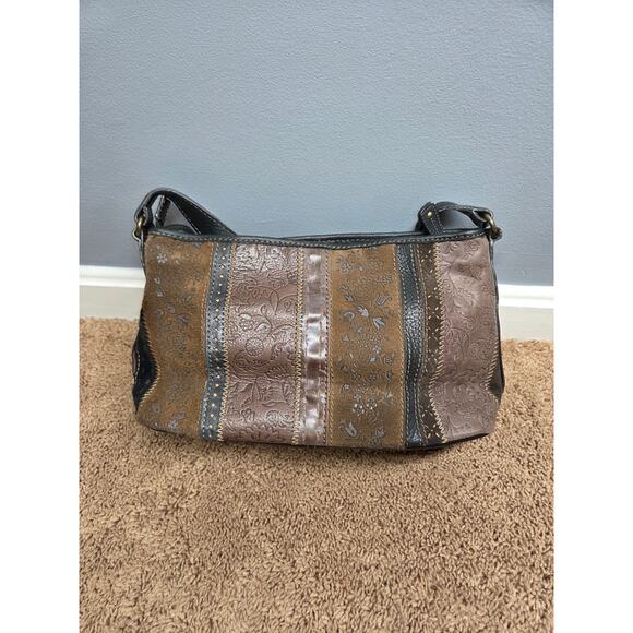 Fossil genuine leather suede y2k brown shoulder bag embossed floral print patch - Picture 4 of 10